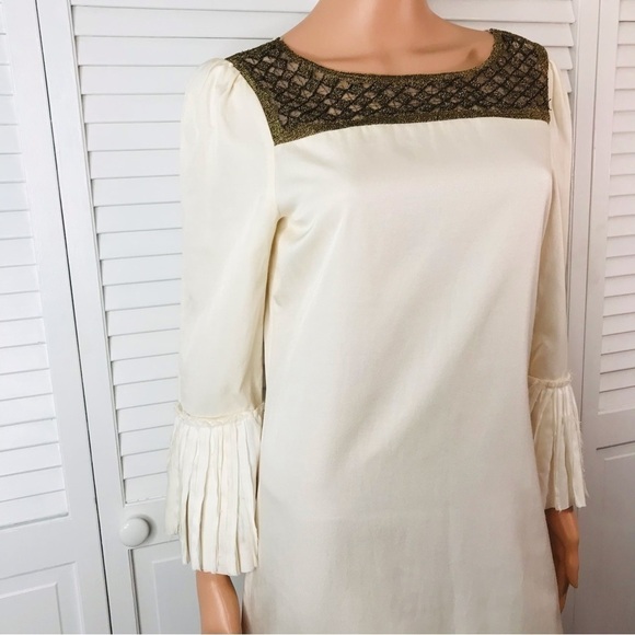 ALICE + OLIVIA Ivory Beaded Pleated Sleeve Dress Size Small - Picture 2 of 13